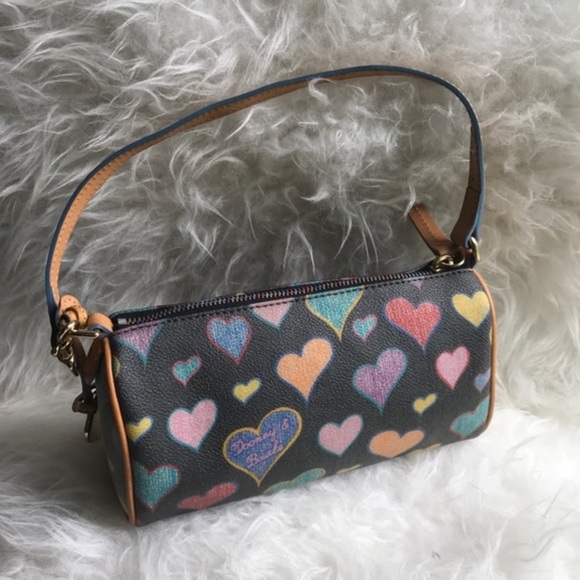 Dooney & Bourke Handbags - MINI Dooney & Bourke Vintage Hearts Brown Leather Trim Barrel Shoulder Bag Purse